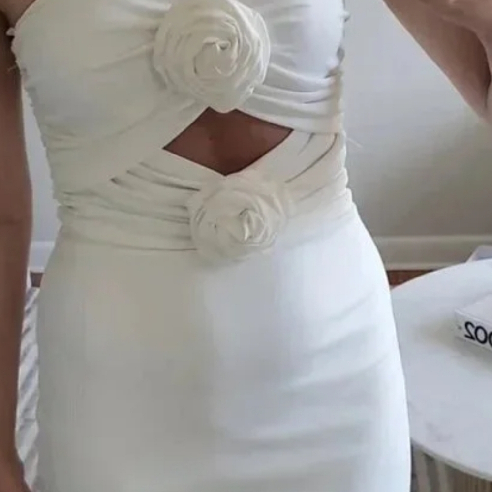 New Torn by Ronny Kobo Selena Strapless Cutout Rosette Bodycon Ivory Midi Dress - Picture 3 of 3